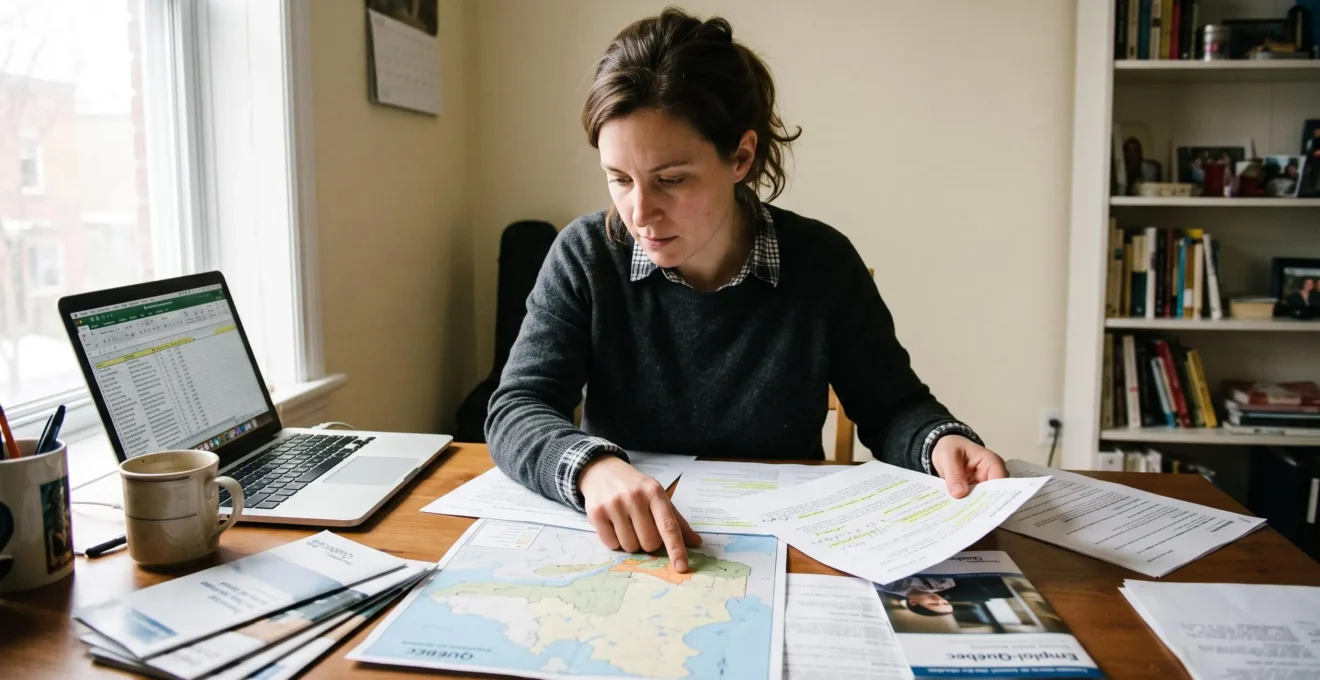 Une personne en recherche d'emploi compare des documents et une carte des régions du Québec posés sur son bureau, ordinateur ouvert à côté.