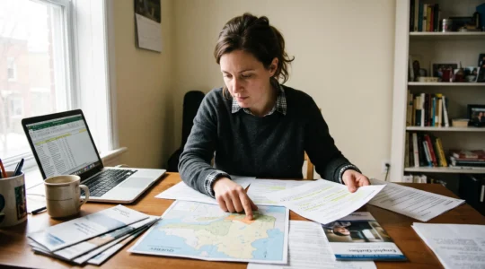 Une personne en recherche d'emploi compare des documents et une carte des régions du Québec posés sur son bureau, ordinateur ouvert à côté.