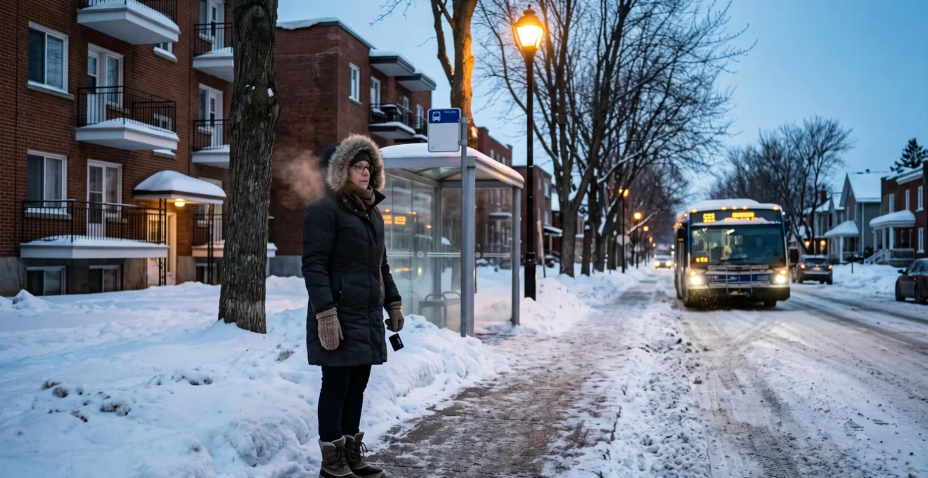 Une femme en manteau d'hiver attend l'autobus à un arrêt déneigé dans un quartier résidentiel québécois en janvier.