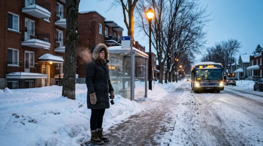 Une femme en manteau d'hiver attend l'autobus à un arrêt déneigé dans un quartier résidentiel québécois en janvier.