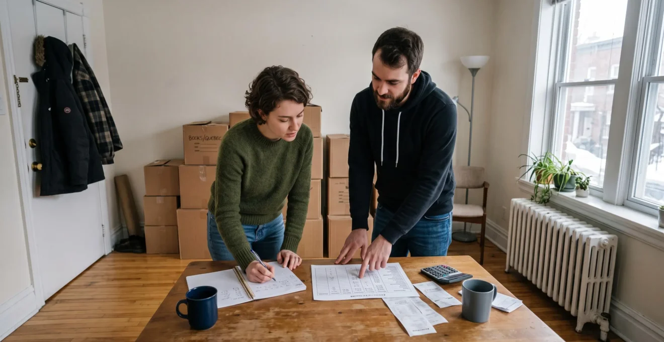 Un couple installé dans un appartement québécois encore vide établit son premier budget mensuel sur une table, entouré de cartons de déménagement.