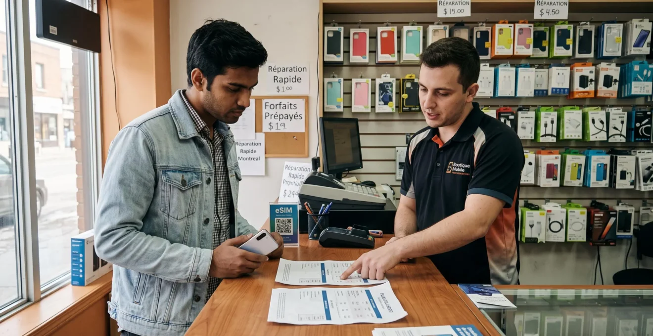 Un client compare des documents de forfaits mobiles avec un employé au comptoir d'une boutique de téléphonie.
