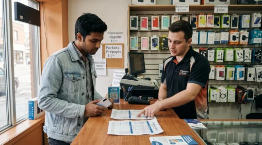 Un client compare des documents de forfaits mobiles avec un employé au comptoir d'une boutique de téléphonie.