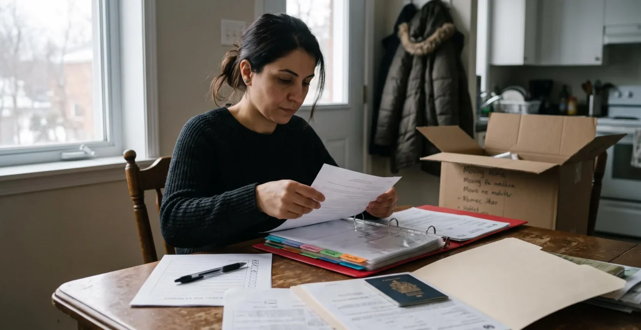 Une femme classe ses documents d'immigration dans un classeur à intercalaires, assise à la table de son appartement au Québec.