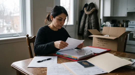 Une femme classe ses documents d'immigration dans un classeur à intercalaires, assise à la table de son appartement au Québec.
