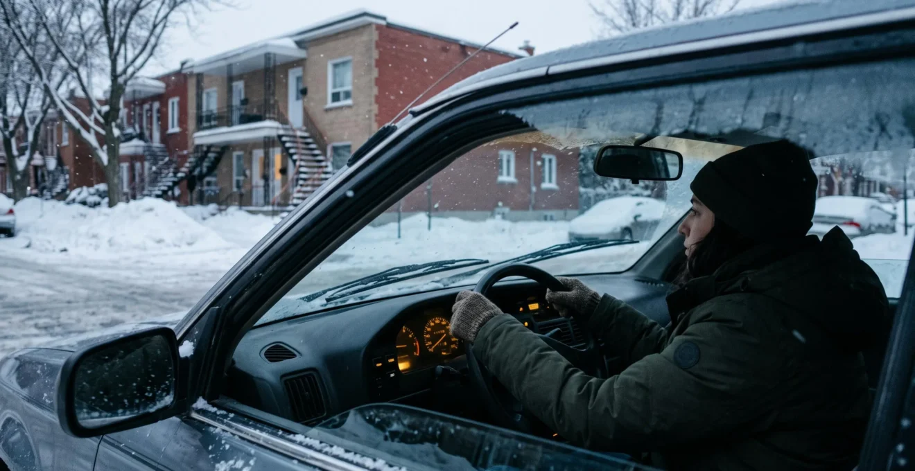 Un conducteur serre le volant à une intersection enneigée d'un quartier résidentiel québécois par temps de neige.