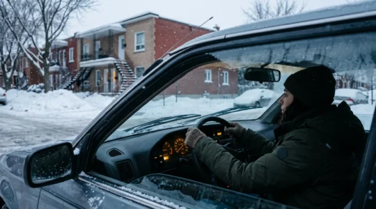 Un conducteur serre le volant à une intersection enneigée d'un quartier résidentiel québécois par temps de neige.