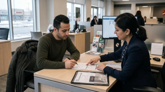 Un conseiller bancaire explique un formulaire d'ouverture de compte à un nouvel arrivant dans une succursale.