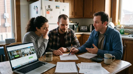 Un couple examine une lettre de pré-approbation hypothécaire avec un courtier attablé dans une cuisine, un ordinateur portable ouvert à côté.