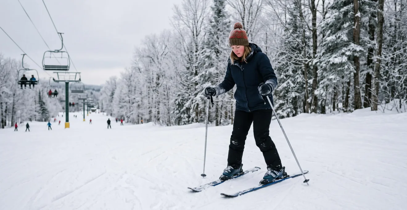 Un adulte débutant apprend à skier sur une pente douce enneigée dans une station québécoise entourée de forêt.