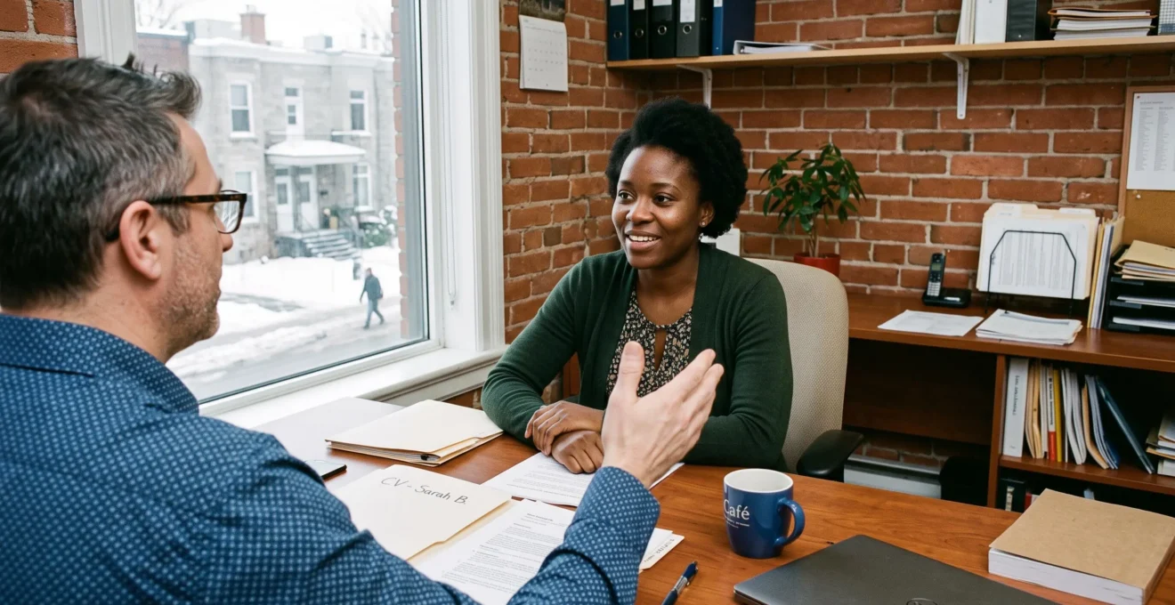 Une nouvelle arrivante discute en français avec un gestionnaire lors d'un entretien d'embauche dans un bureau de Montréal.