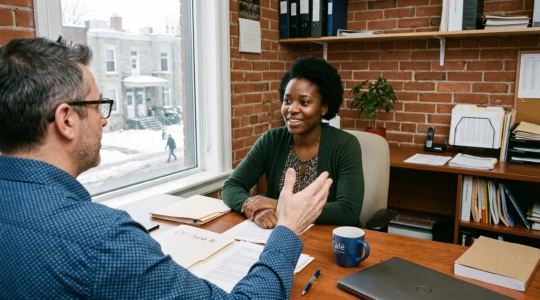 Une nouvelle arrivante discute en français avec un gestionnaire lors d'un entretien d'embauche dans un bureau de Montréal.