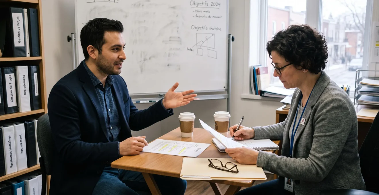 Un candidat discute avec un recruteur autour d'une table lors d'une entrevue d'embauche dans un bureau au Québec, le recruteur tenant un curriculum vitae imprimé.