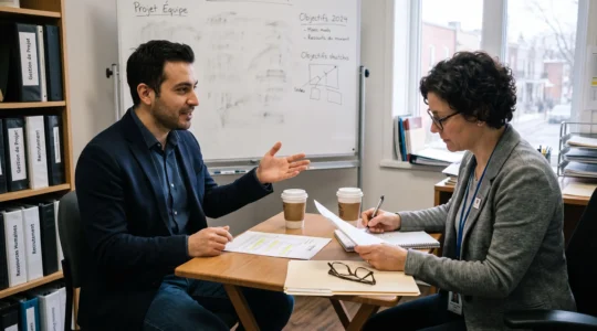 Un candidat discute avec un recruteur autour d'une table lors d'une entrevue d'embauche dans un bureau au Québec, le recruteur tenant un curriculum vitae imprimé.