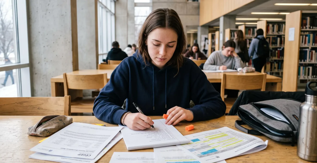 Un étudiant assis à une table de bibliothèque compare des documents d'admission de programmes d'études supérieures au Québec.