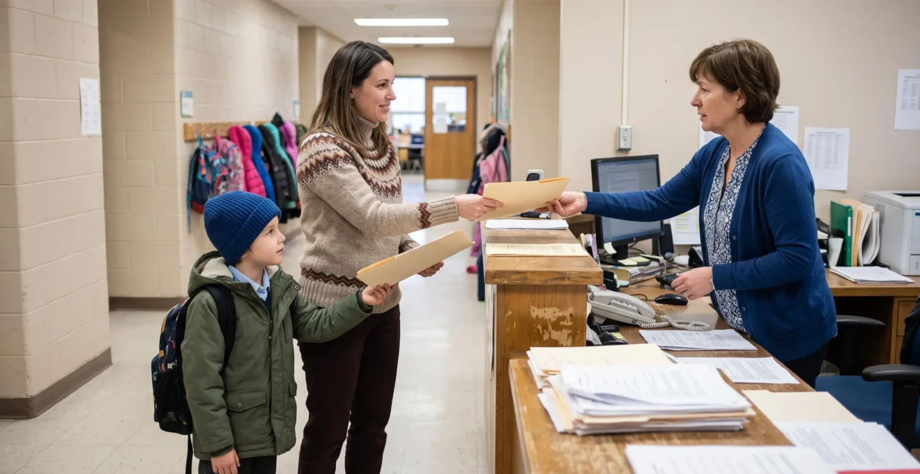 Un parent et son enfant remettent un dossier de bulletins scolaires au comptoir d'accueil d'une école primaire au Québec lors de l'inscription.