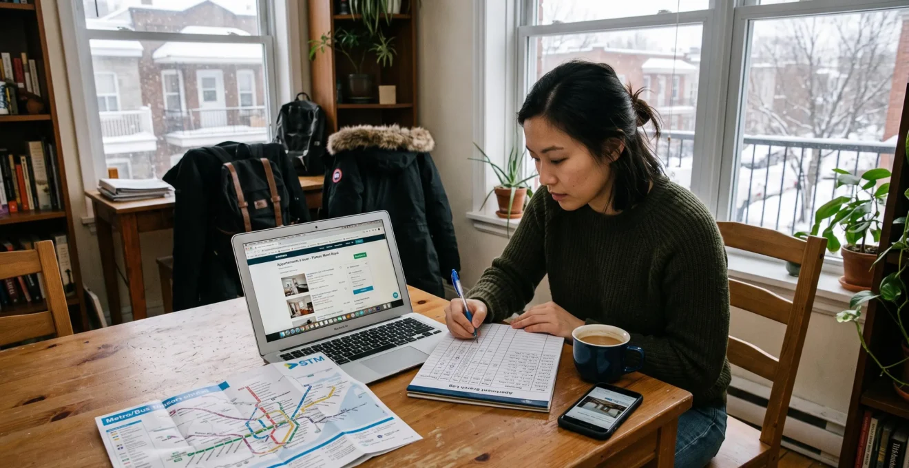 Une personne organise sa recherche de logement à une table, entre un ordinateur, un plan de ville et un tableau de suivi manuscrit, dans un appartement en hiver.