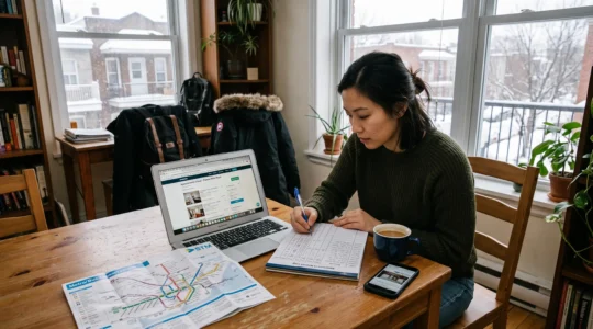 Une personne organise sa recherche de logement à une table, entre un ordinateur, un plan de ville et un tableau de suivi manuscrit, dans un appartement en hiver.