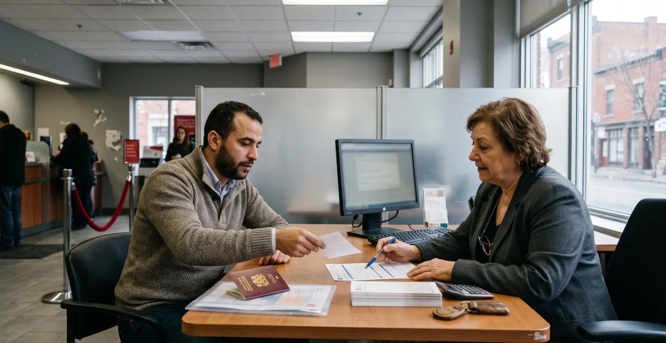 Une personne nouvellement arrivée remet ses documents d'identité à un conseiller derrière un bureau dans une agence bancaire.