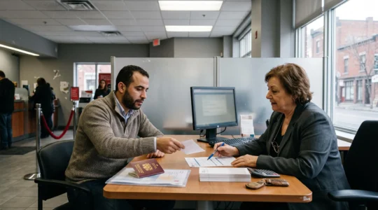 Une personne nouvellement arrivée remet ses documents d'identité à un conseiller derrière un bureau dans une agence bancaire.