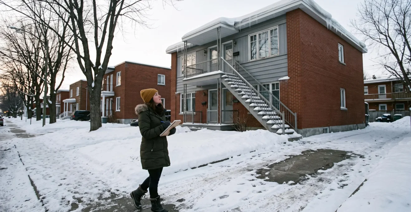 Une jeune acheteuse observe une maison typique du Québec depuis une rue enneigée en hiver.