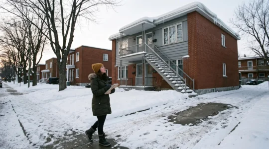 Une jeune acheteuse observe une maison typique du Québec depuis une rue enneigée en hiver.