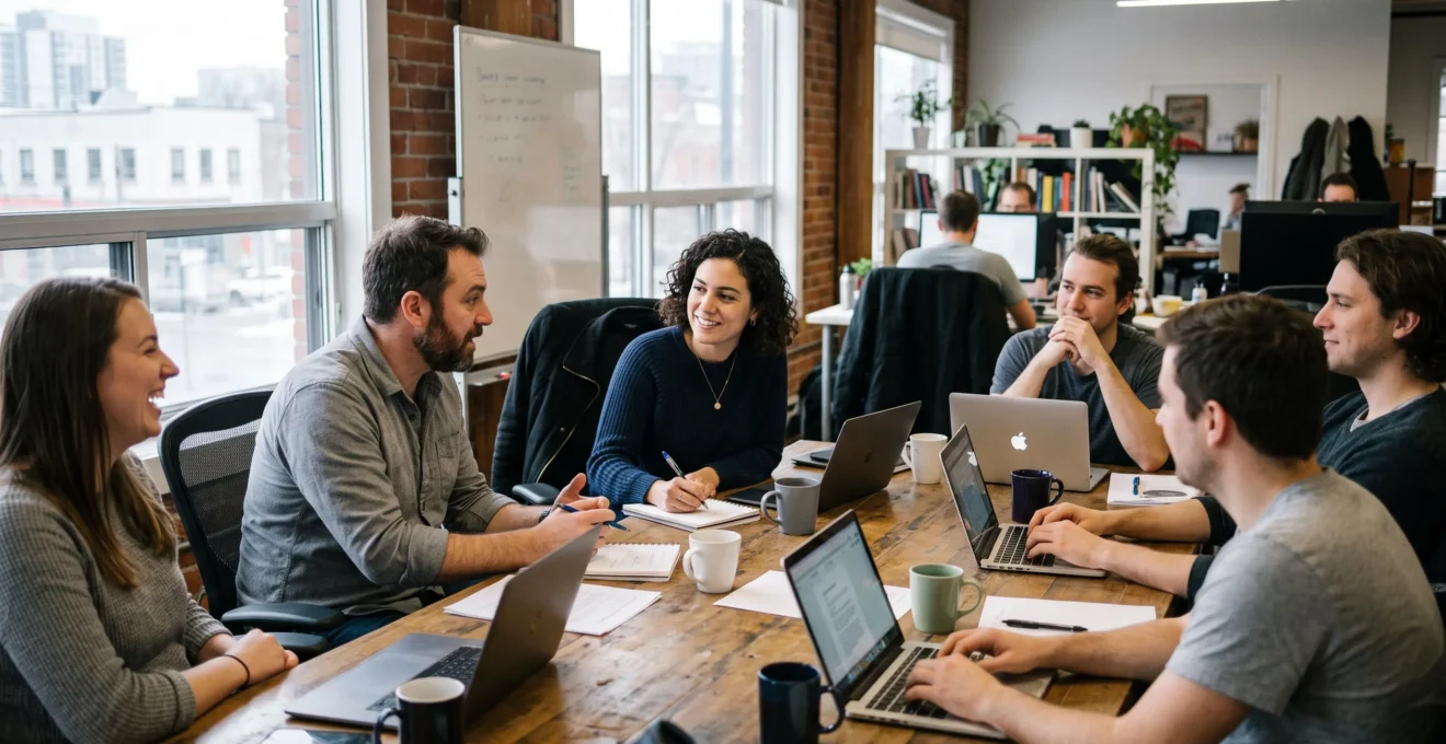Une nouvelle employée participe à une réunion d'équipe informelle dans un bureau lumineux au Québec, entourée de collègues qui échangent directement autour d'une table.
