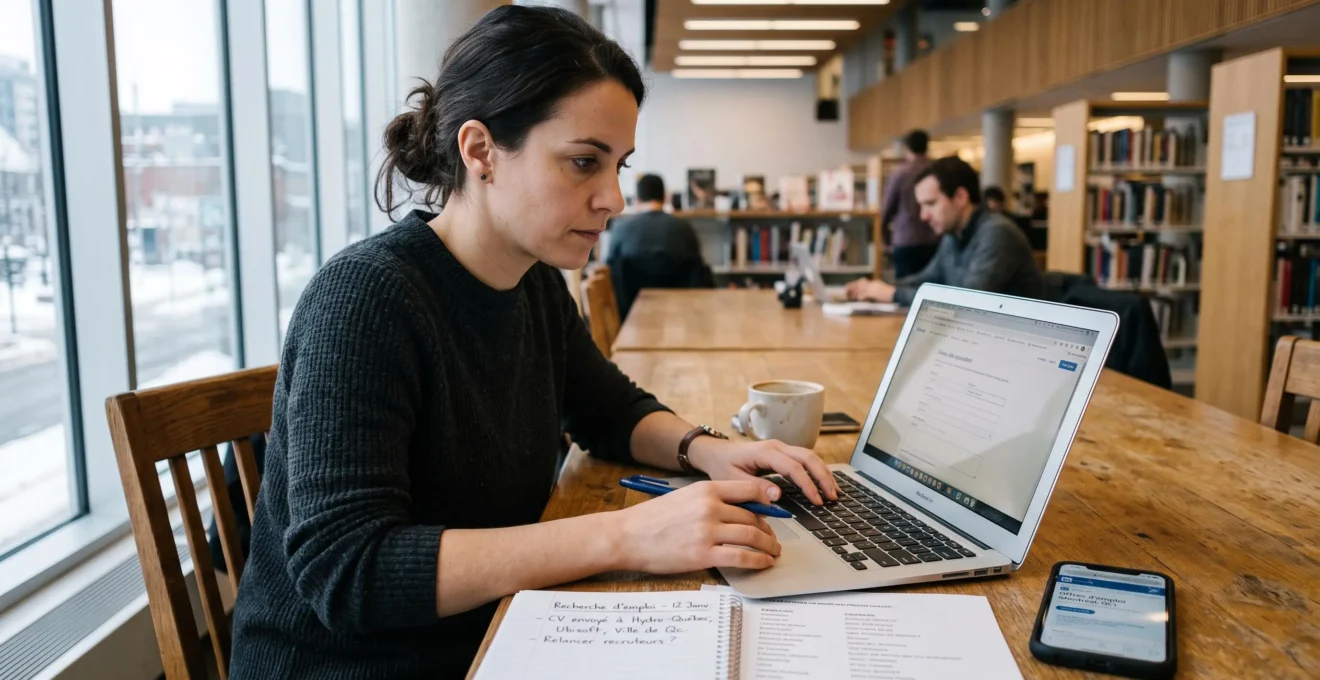 Une personne en recherche d'emploi travaille sur un ordinateur portable dans une bibliothèque montréalaise, avec des notes imprimées à côté.