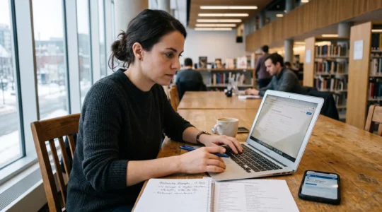 Une personne en recherche d'emploi travaille sur un ordinateur portable dans une bibliothèque montréalaise, avec des notes imprimées à côté.