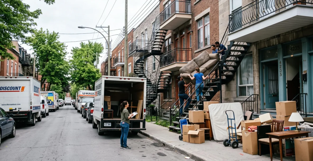 Une rue résidentielle du Québec un premier juillet avec des camions de déménagement garés et des personnes descendant des meubles par un escalier extérieur.