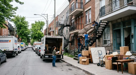 Une rue résidentielle du Québec un premier juillet avec des camions de déménagement garés et des personnes descendant des meubles par un escalier extérieur.