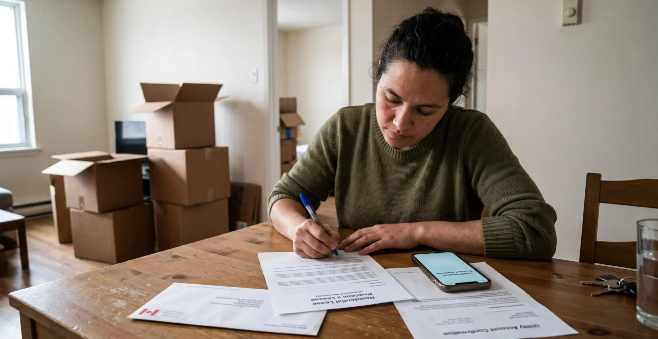 Une nouvelle arrivante signe un bail de location à sa table de cuisine dans un appartement québécois, entourée de cartons de déménagement encore fermés.