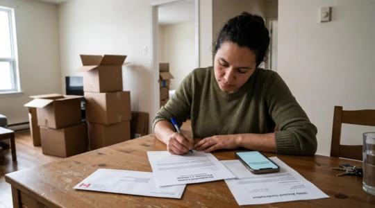 Une nouvelle arrivante signe un bail de location à sa table de cuisine dans un appartement québécois, entourée de cartons de déménagement encore fermés.
