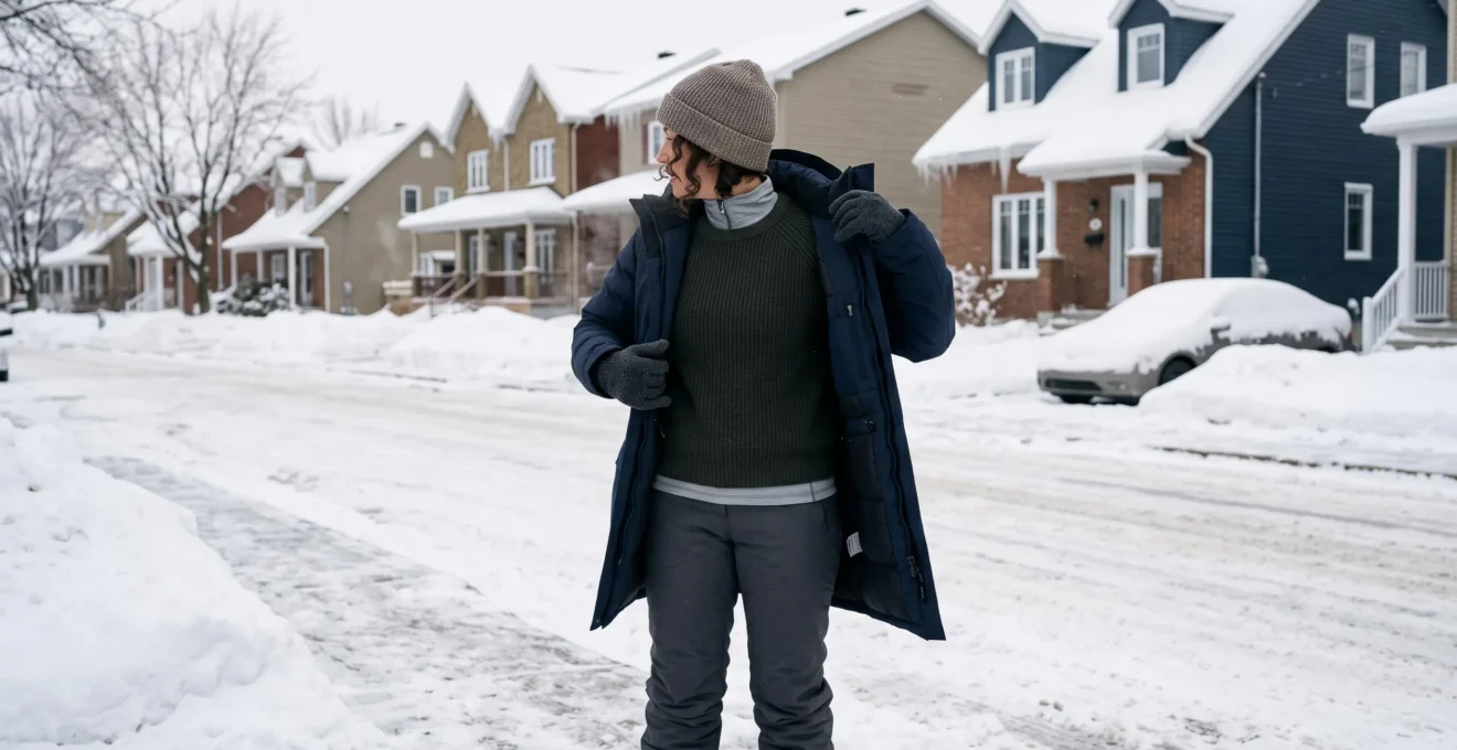 Une personne ajuste son manteau d'hiver sur plusieurs couches de vêtements sur une rue enneigée au Québec