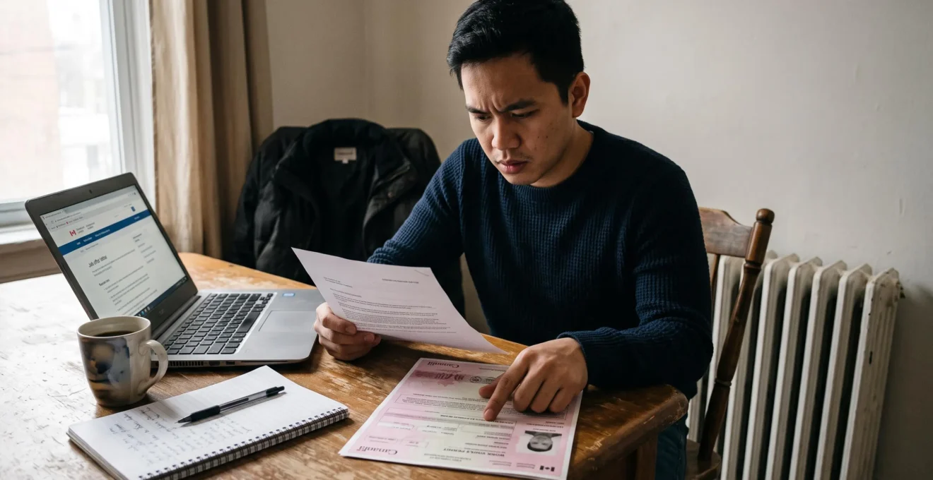 Une travailleuse assise à la table de sa cuisine compare son permis de travail avec une lettre d'offre d'emploi, un ordinateur portable ouvert à côté.