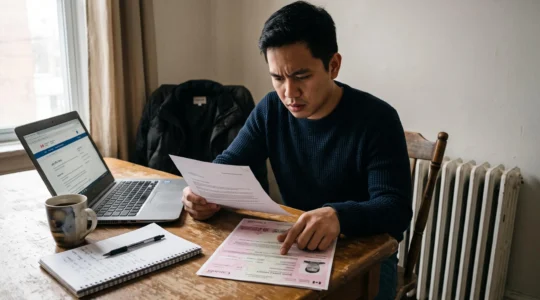 Une travailleuse assise à la table de sa cuisine compare son permis de travail avec une lettre d'offre d'emploi, un ordinateur portable ouvert à côté.