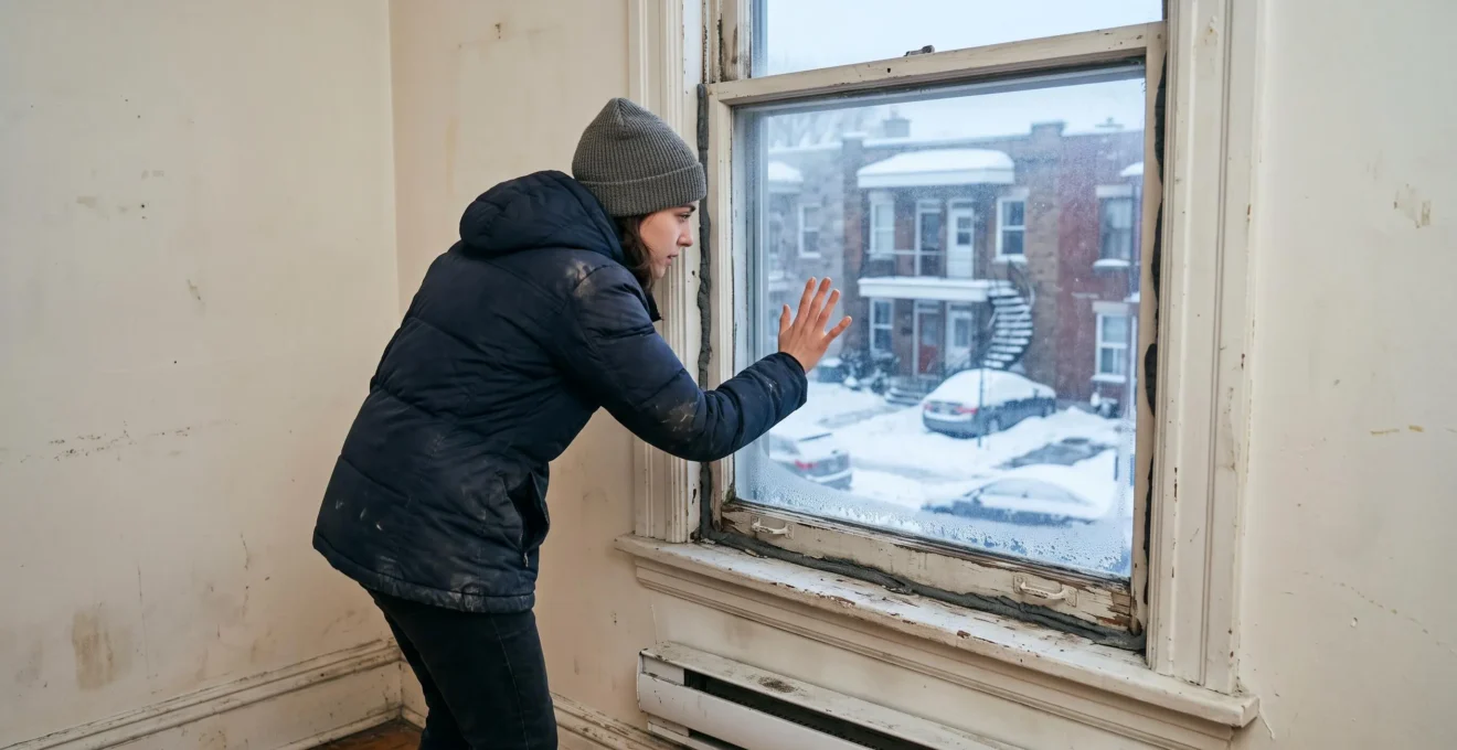 Une personne en manteau d'hiver pose la main contre la vitre d'un logement vide pour vérifier les courants d'air lors d'une visite.