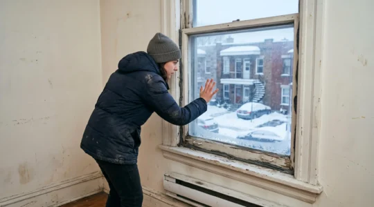 Une personne en manteau d'hiver pose la main contre la vitre d'un logement vide pour vérifier les courants d'air lors d'une visite.